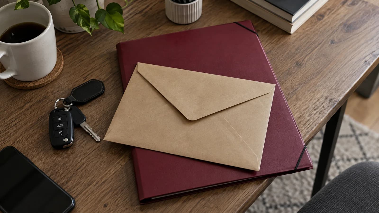 Enveloppe et dossier administratif à côté de clés de voiture