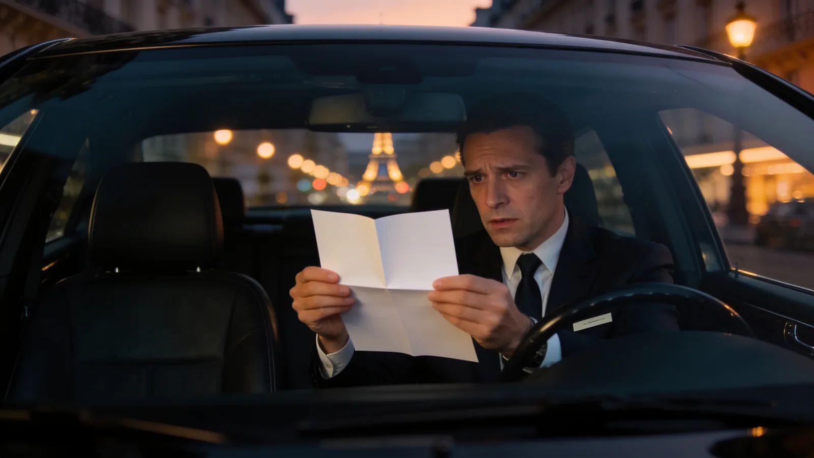 Un chauffeur VTC lit une lettre dans sa berline garée à Paris, à la tombée de la nuit