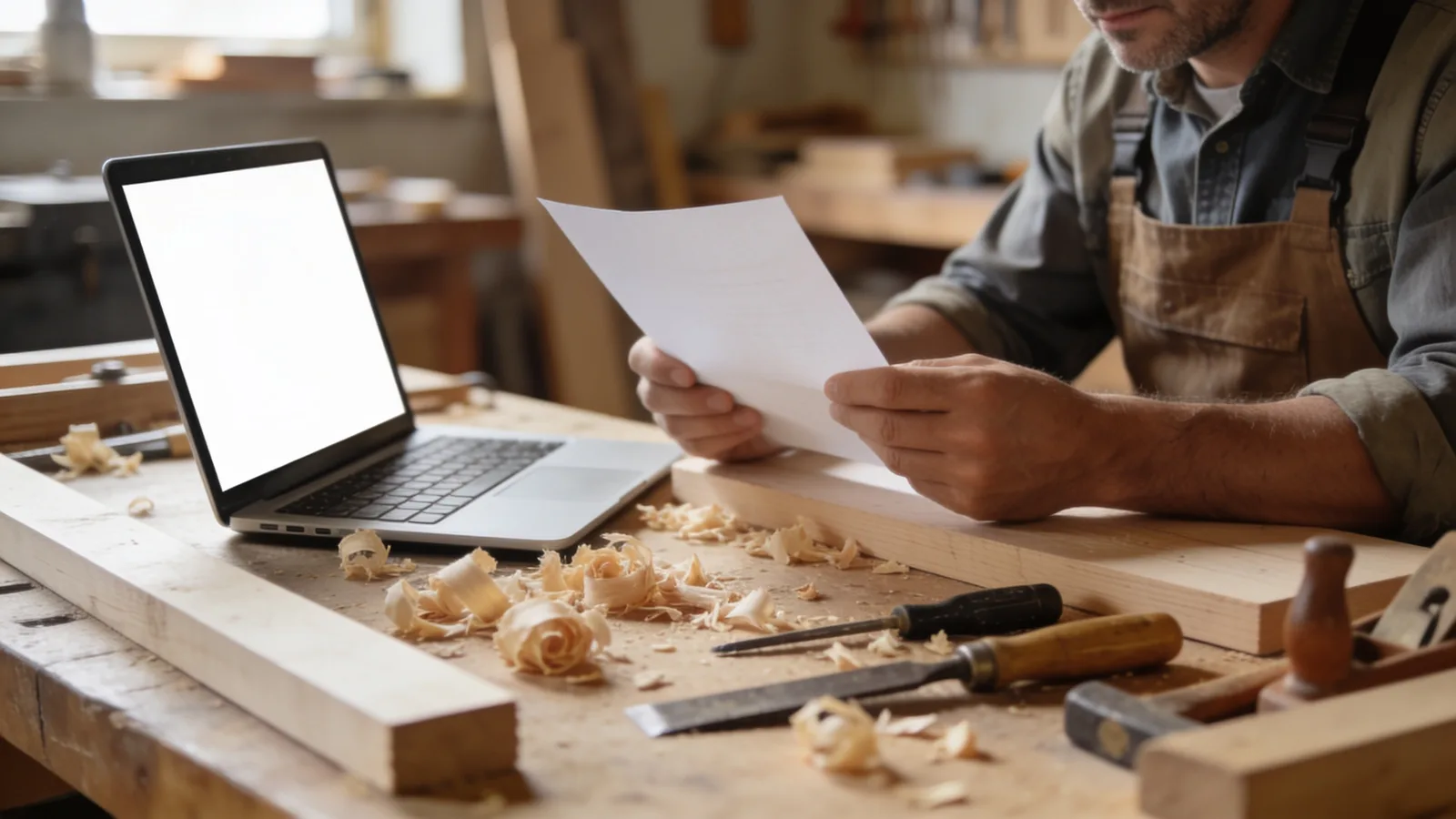 Un menuisier relit une feuille dans son atelier, à côté de son ordinateur portable