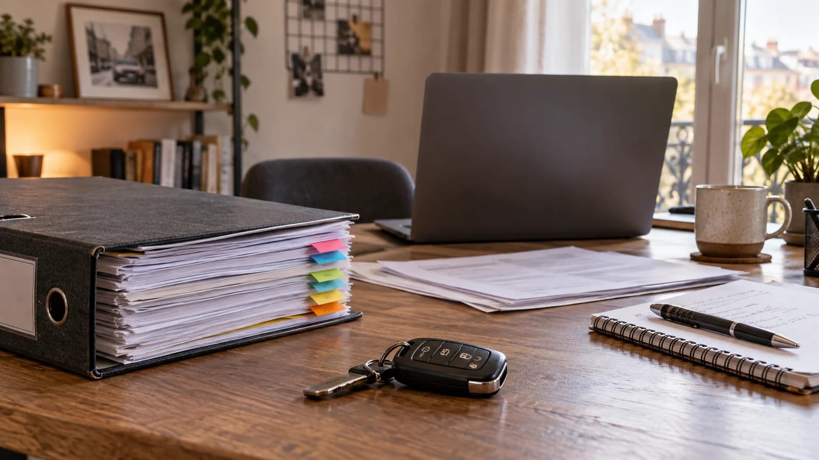 Dossier de démarches VTC à côté d’un ordinateur