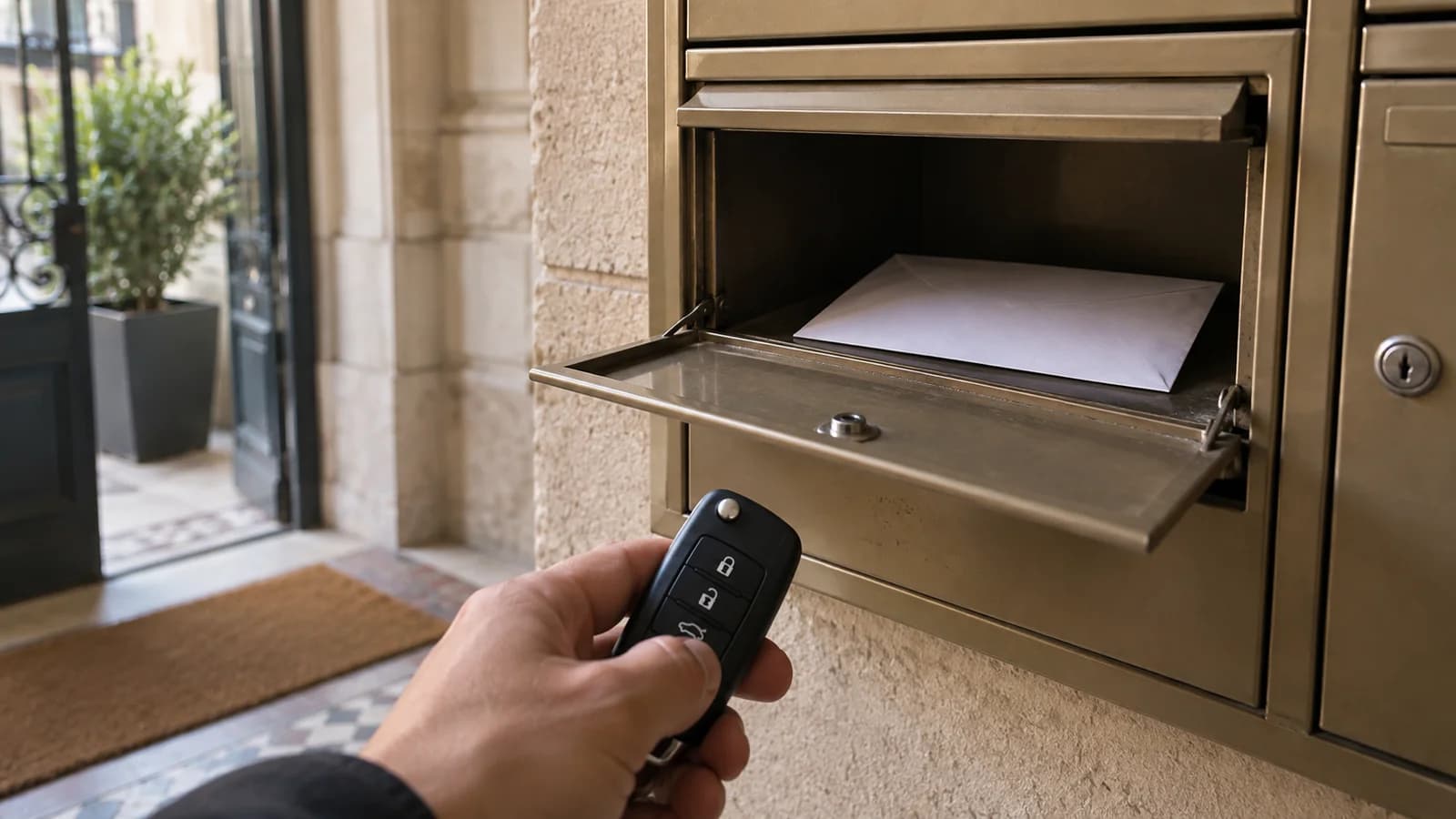 Enveloppe dans une boîte aux lettres et clés de voiture
