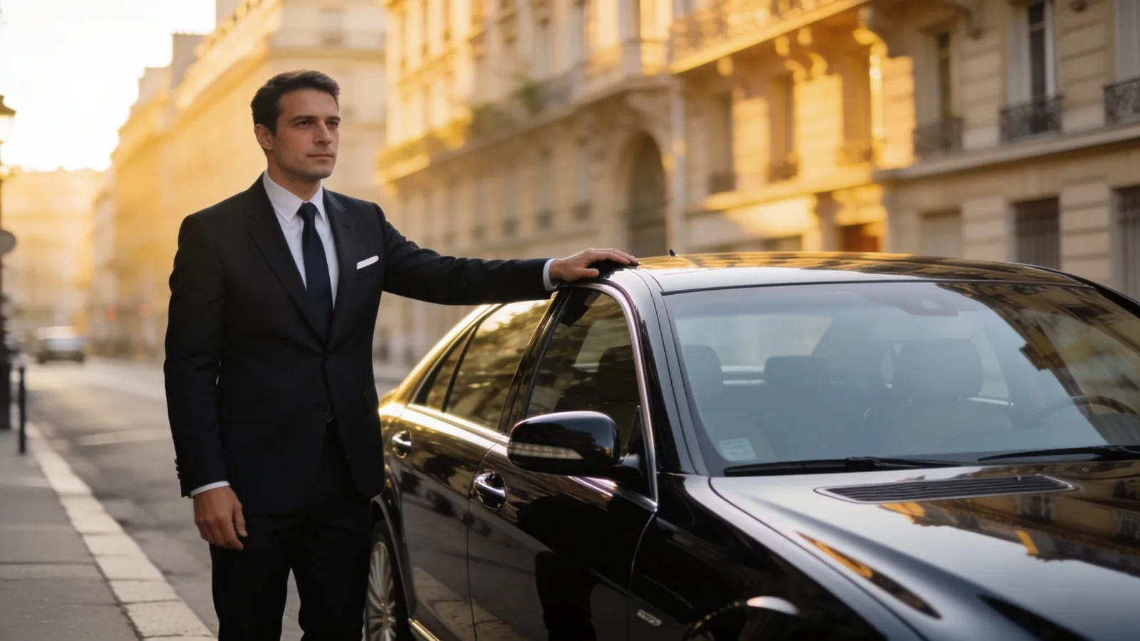 Un chauffeur VTC en costume, debout à côté de sa berline noire garée dans une rue de Paris au petit matin